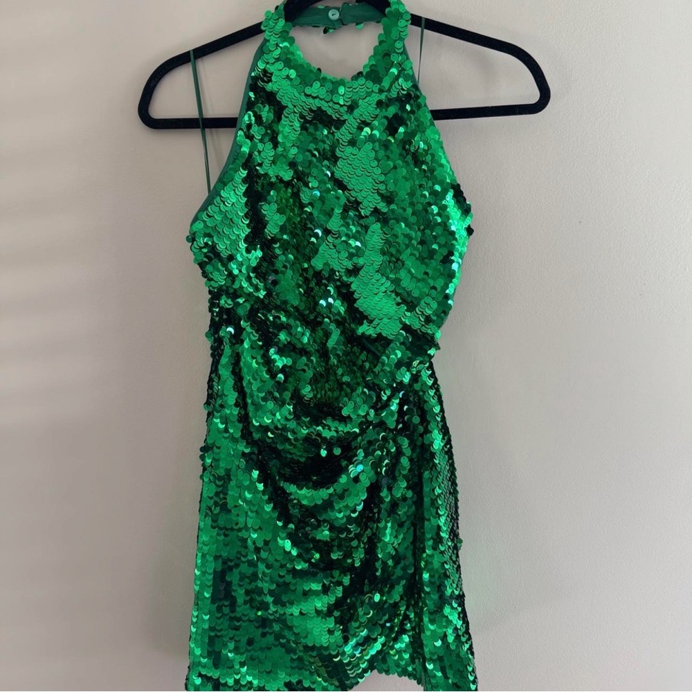 Ronny Kobo Green Sequin Halter Mini Dress